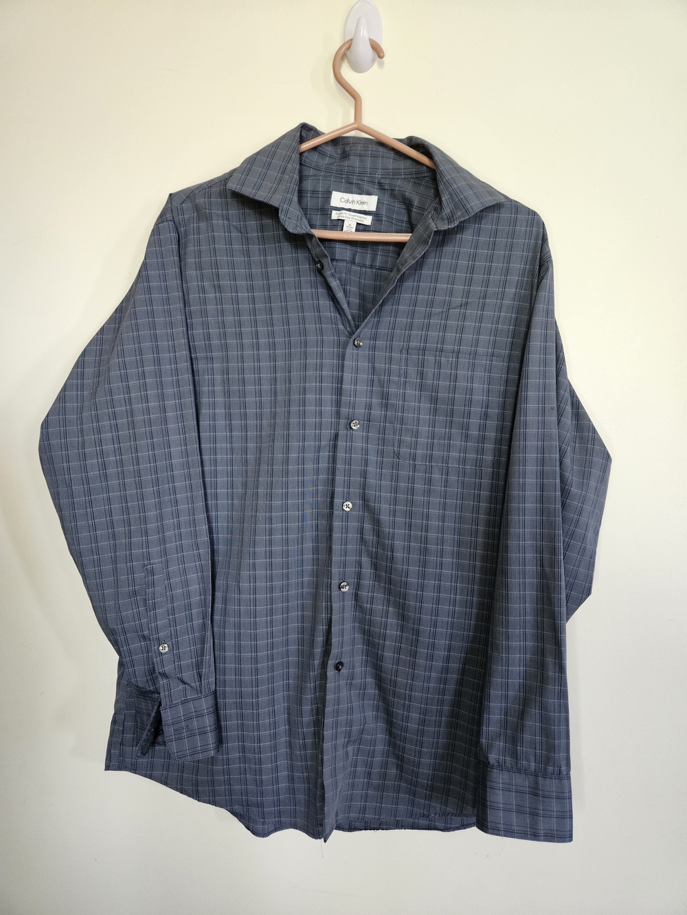 Calvin Klein Mens Dress Shirt Regular Fit Wrinkle Free Plaid Blue Grey 16 32/33